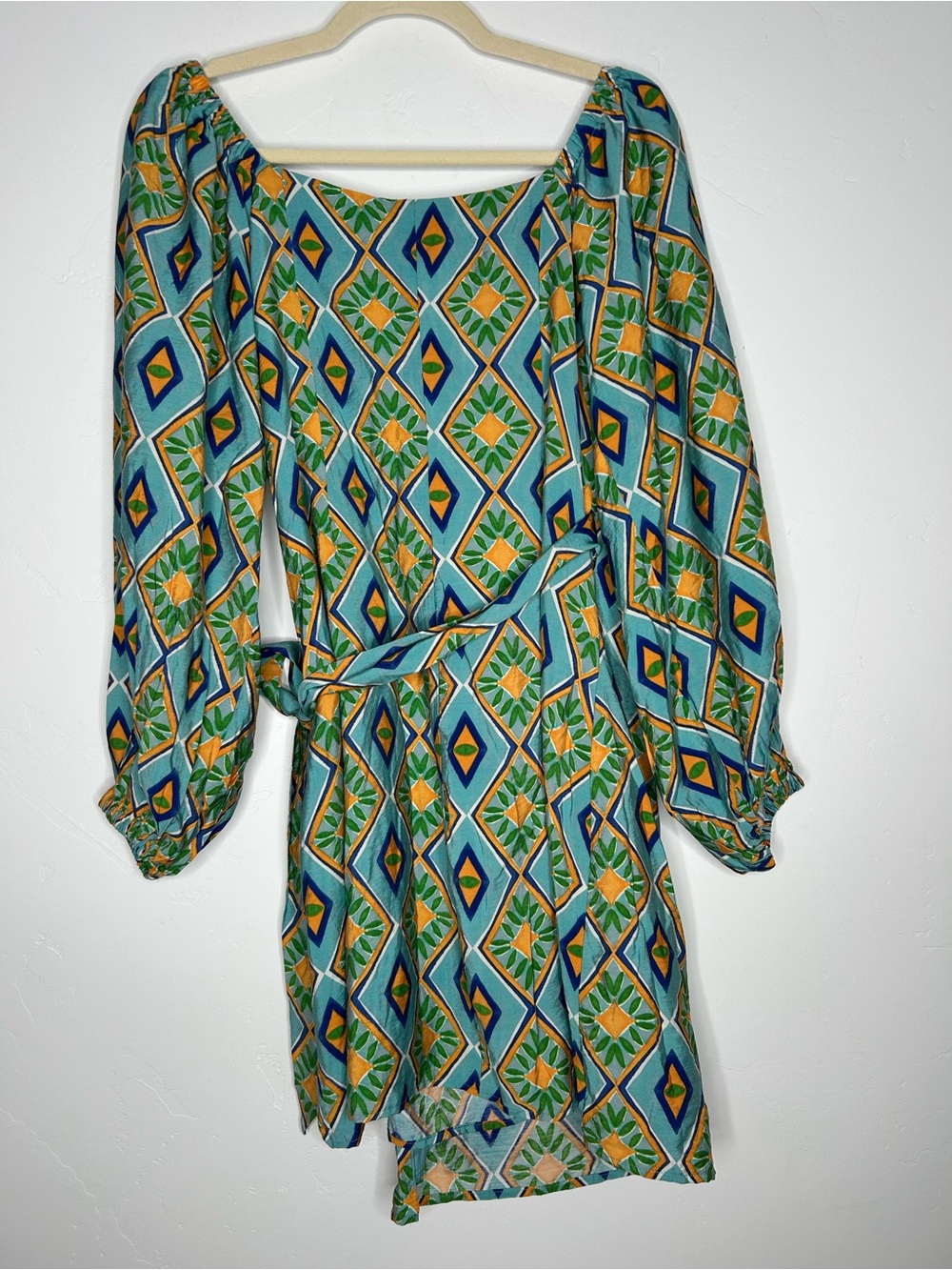 Dress Forum Aqua and Green Geometric Wrap Mini Dress Size Large NWT Vacation - Picture 4 of 14